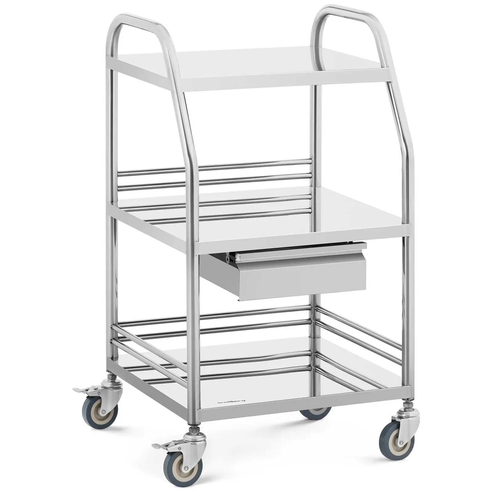 Laboratorinis vežimėlis - nerūdijantis plienas - 3 lentynos 41 x 35 x 2,5 cm - 1 stalčius - 30 kg