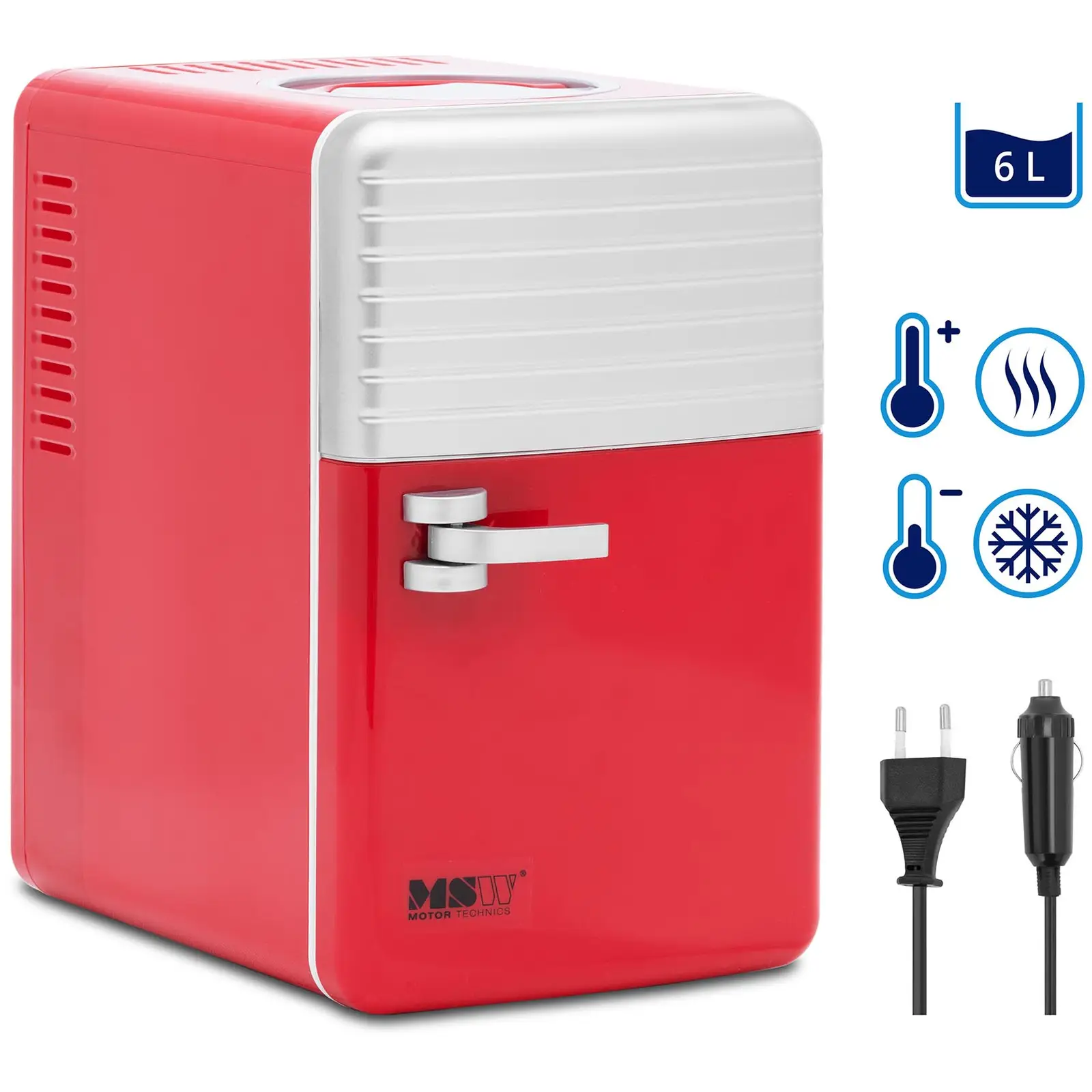 Mini šaldytuvas 12 V / 230 V – 2 viename prietaisas su šilumos palaikymo funkcija – 6 L – Raudona/sidabrinė